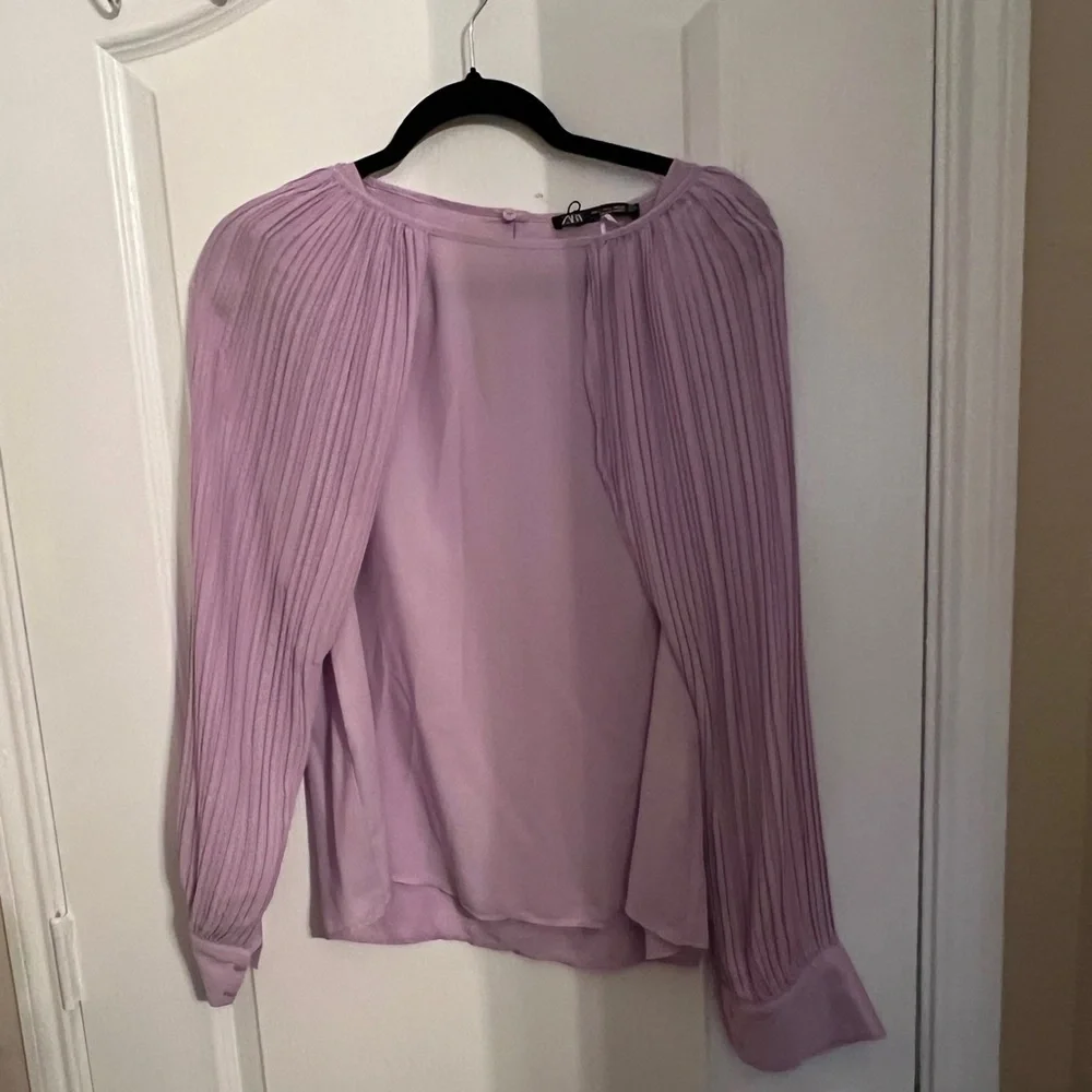 Zara Purple Pleated Bishop Sleeve Blouse - Picture 2 of 6